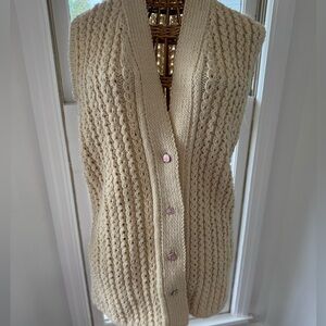 Vintage Handmade Chunky Knit Sweater Vest Oatmeal Shawl Collar Pink Buttons S